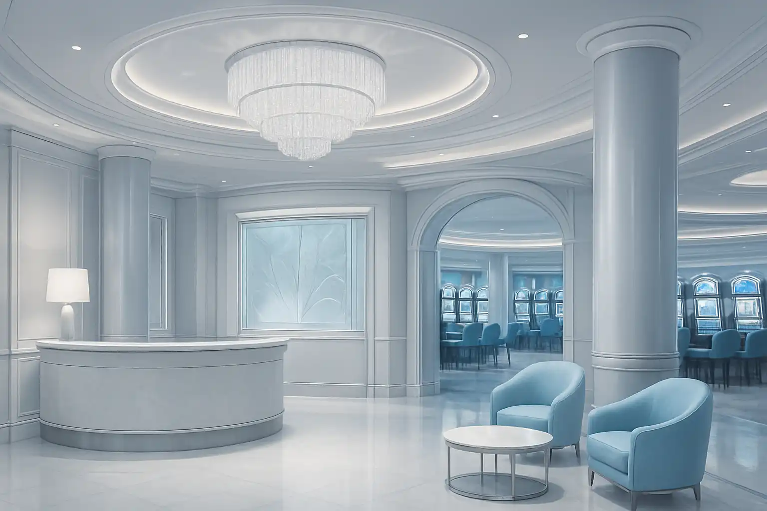 Ice blue and silver casino lobby illustration representing Winsroyal Casino