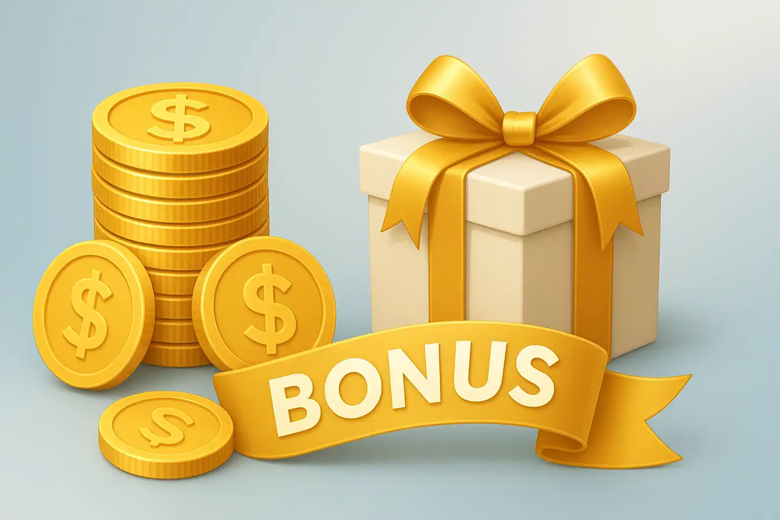 Stack of golden coins and a bonus gift box on an ice blue background